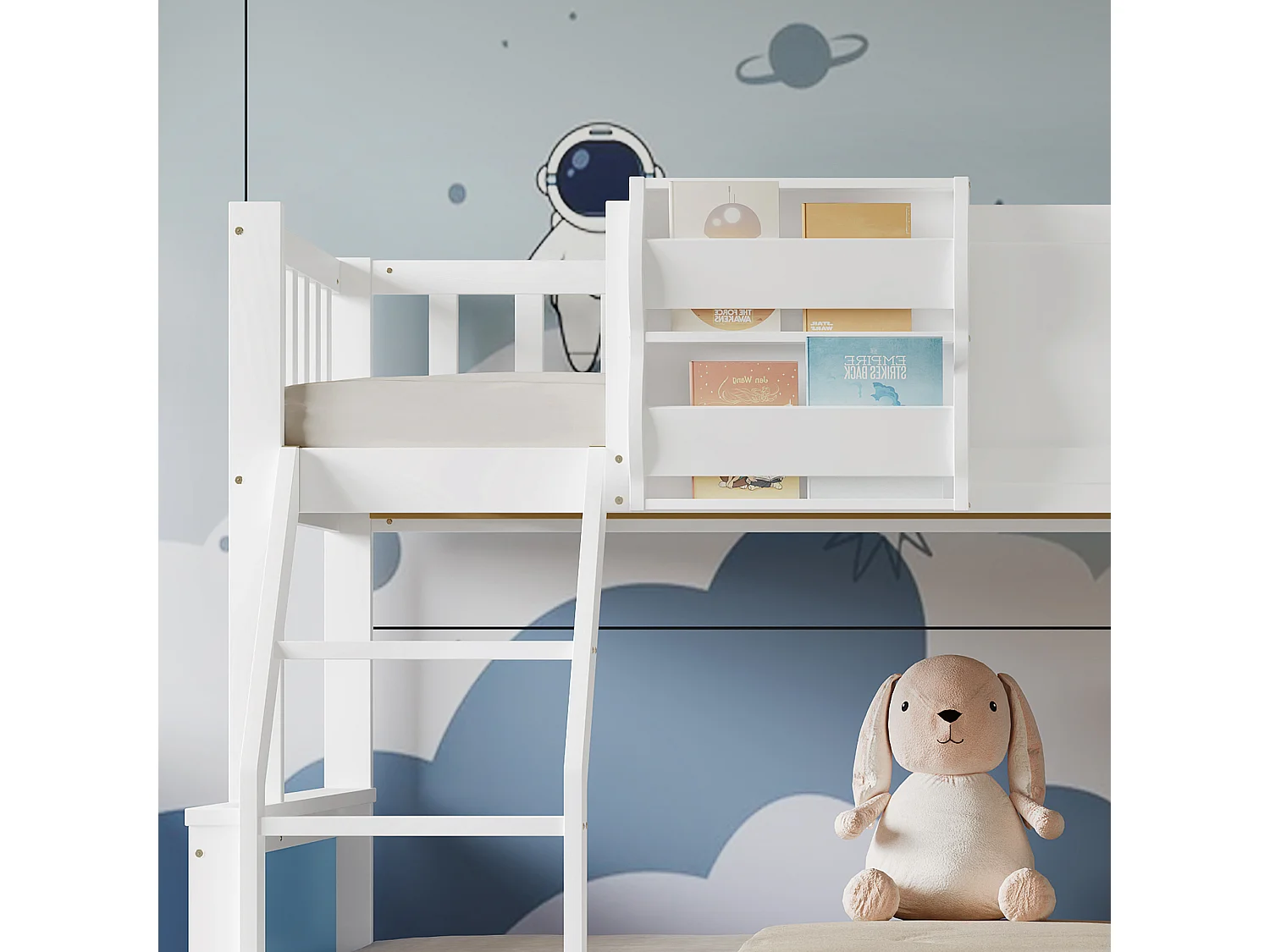 Lit superposé 90x200cm + 120x200cm - bois massif - avec garde-corps - avec forme de toit- Blanc + Bleu