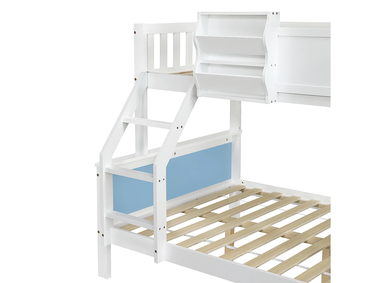 Lit superposé 90x200cm + 120x200cm - bois massif - avec garde-corps - avec forme de toit- Blanc + Bleu