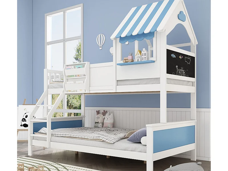 Lit superposé 90x200cm + 120x200cm - bois massif - avec garde-corps - avec forme de toit- Blanc + Bleu