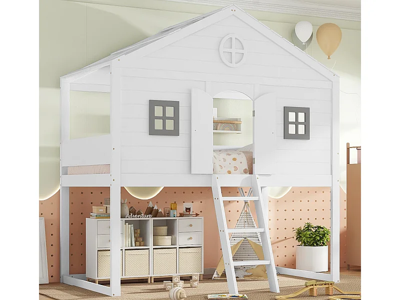 Etagenbett 90x200 cm aus Massivholz - mit Leiter - mit Dachform - Weiß