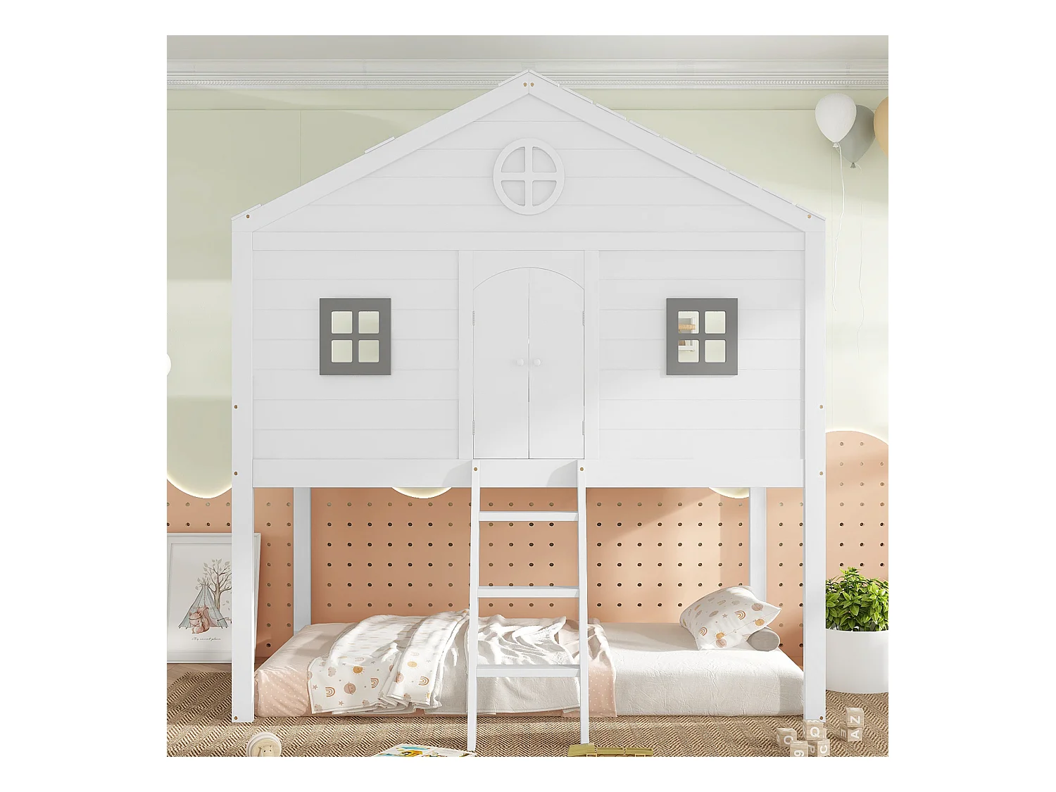 Łóżko piętrowe 90x200 cm z litego drewna - z drabinką - w kształcie dachu - Białe