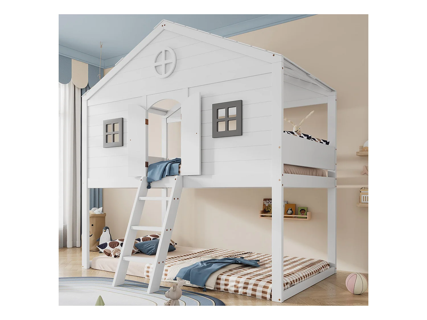 Łóżko piętrowe 90x200 cm z litego drewna - z drabinką - w kształcie dachu - Białe