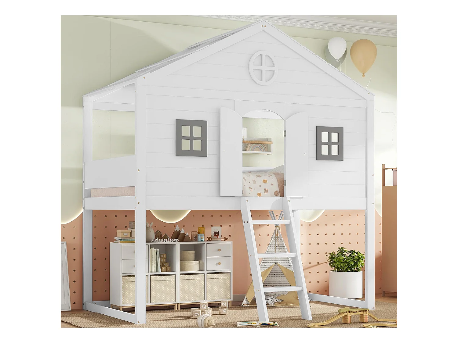 Lit superposé 90x200 cm en bois massif - avec échelle - avec forme de toit - Blanc