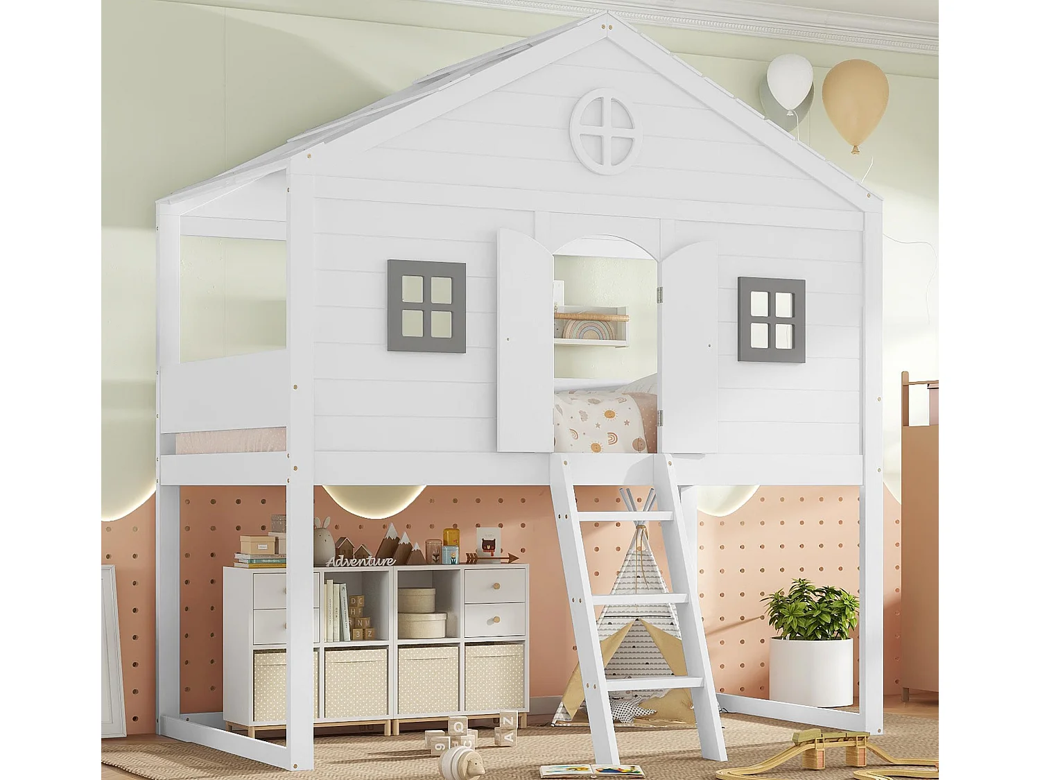 Etagenbett 90x200 cm aus Massivholz - mit Leiter - mit Dachform - Weiß