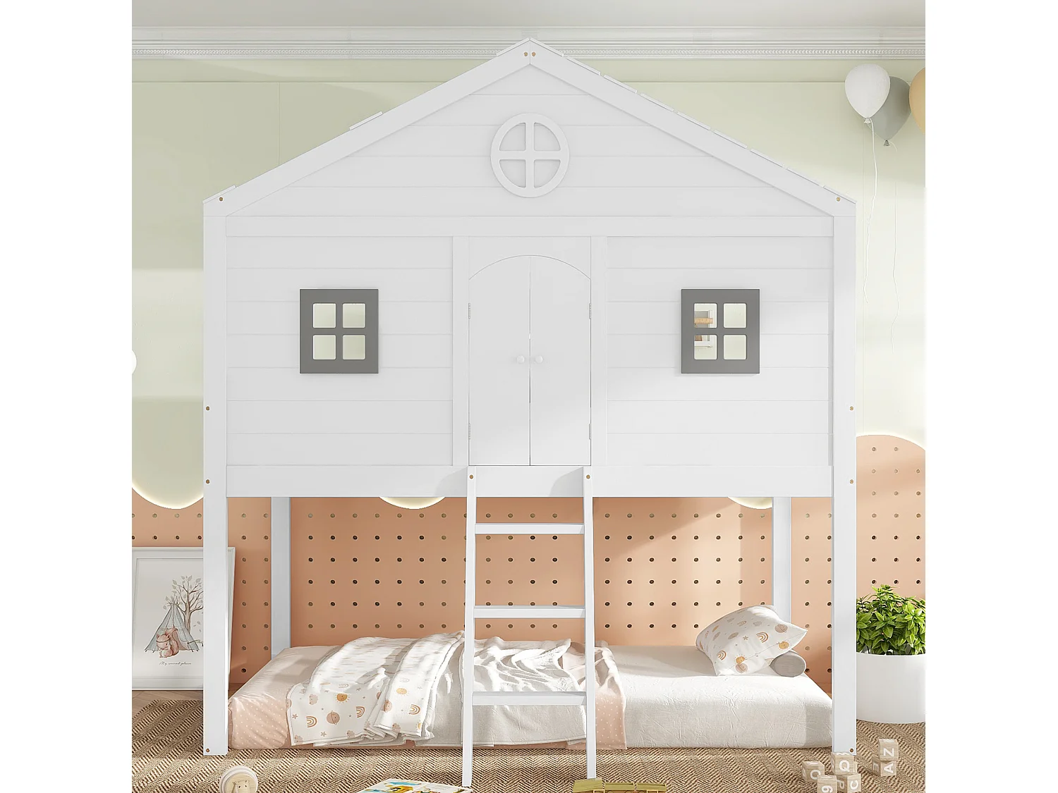 Etagenbett 90x200 cm aus Massivholz - mit Leiter - mit Dachform - Weiß