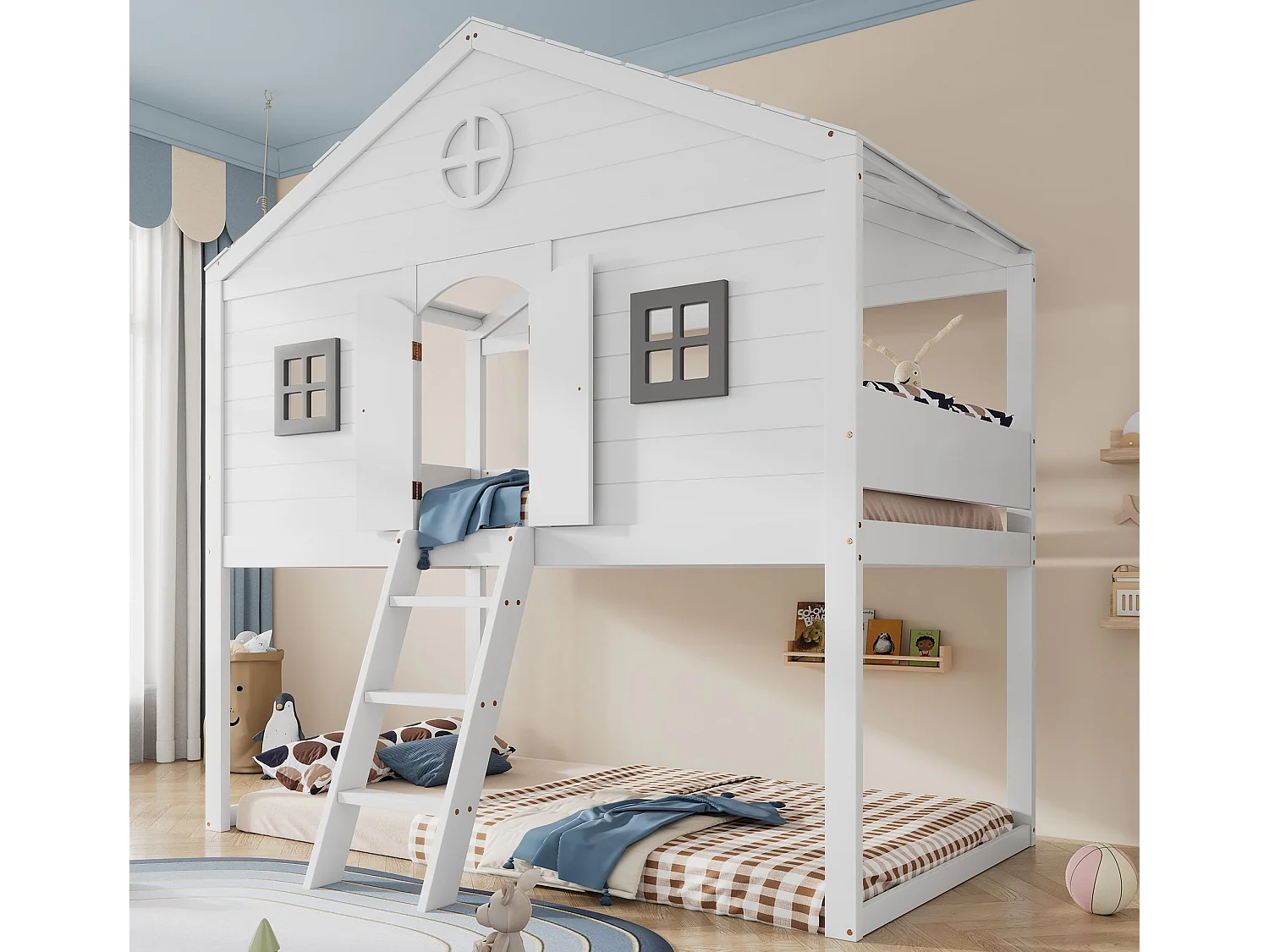 Etagenbett 90x200 cm aus Massivholz - mit Leiter - mit Dachform - Weiß