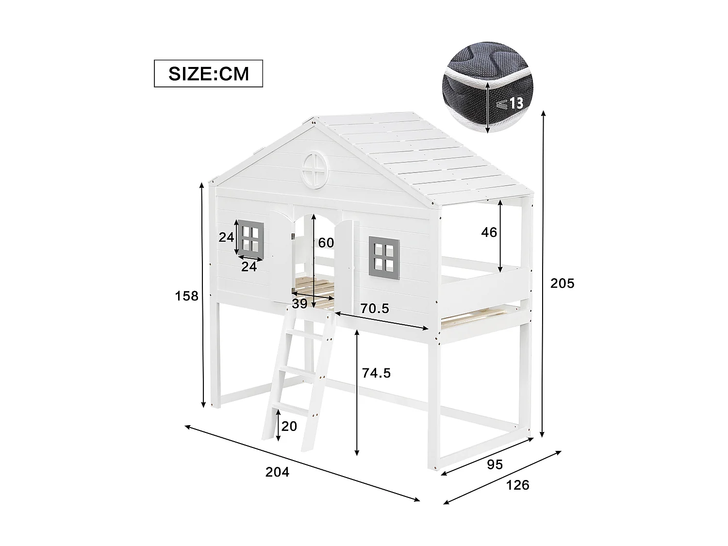 Etagenbett 90x200 cm aus Massivholz - mit Leiter - mit Dachform - Weiß