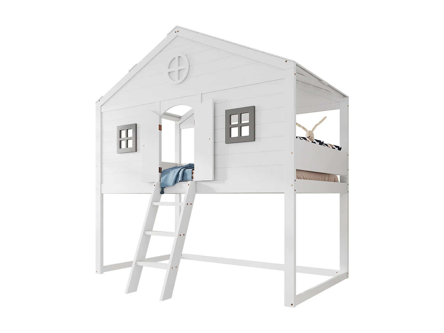 Etagenbett 90x200 cm aus Massivholz - mit Leiter - mit Dachform - Weiß