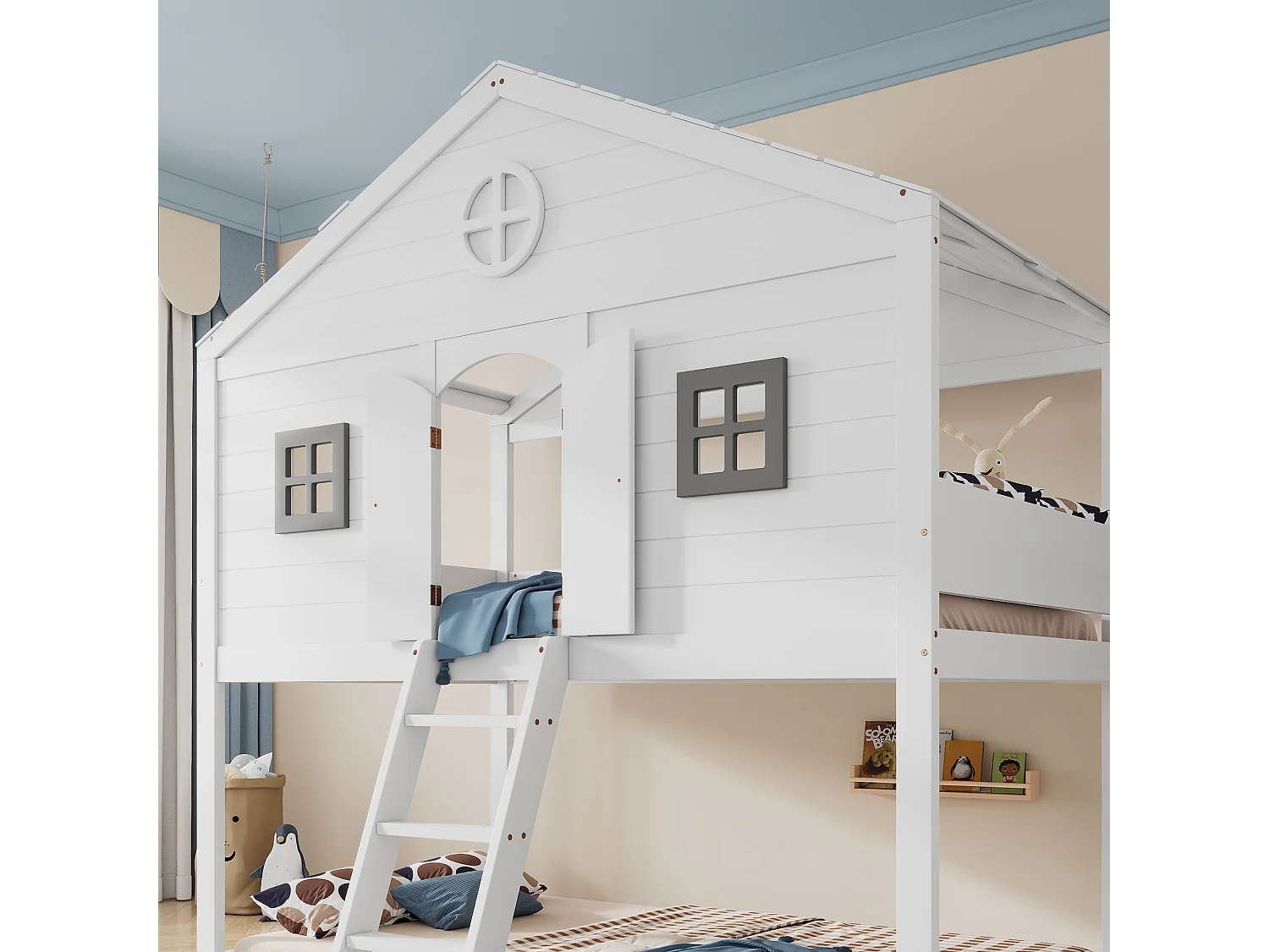 Etagenbett 90x200 cm aus Massivholz - mit Leiter - mit Dachform - Weiß