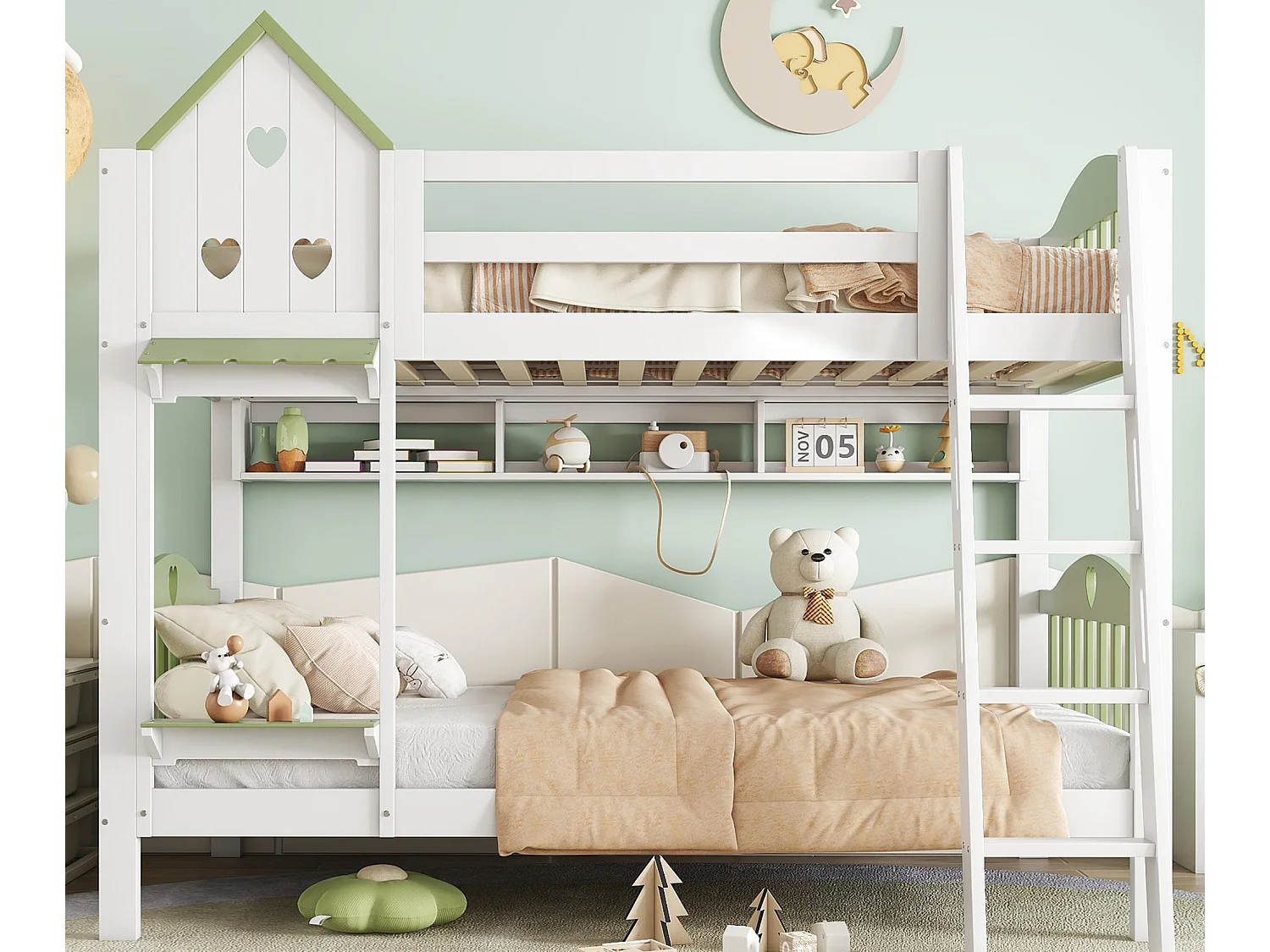 Lit superposé 90x200cm en bois massif - design unique - Blanc + Vert