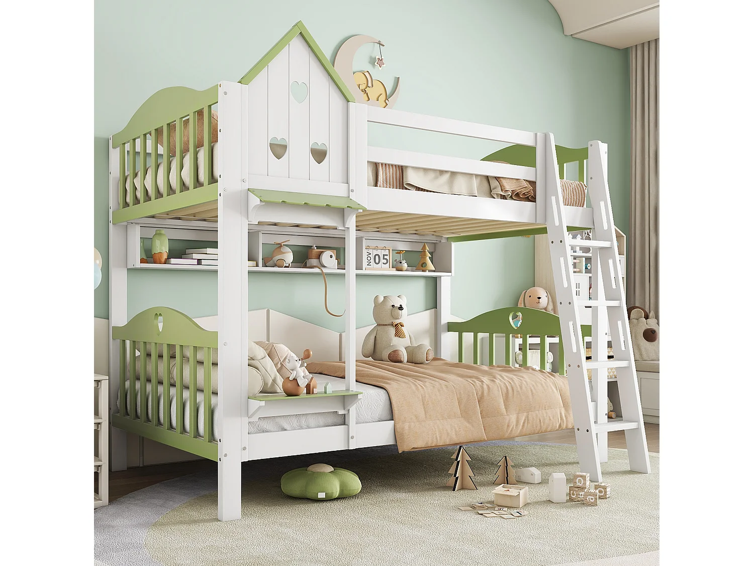 Lit superposé 90x200cm en bois massif - design unique - Blanc + Vert