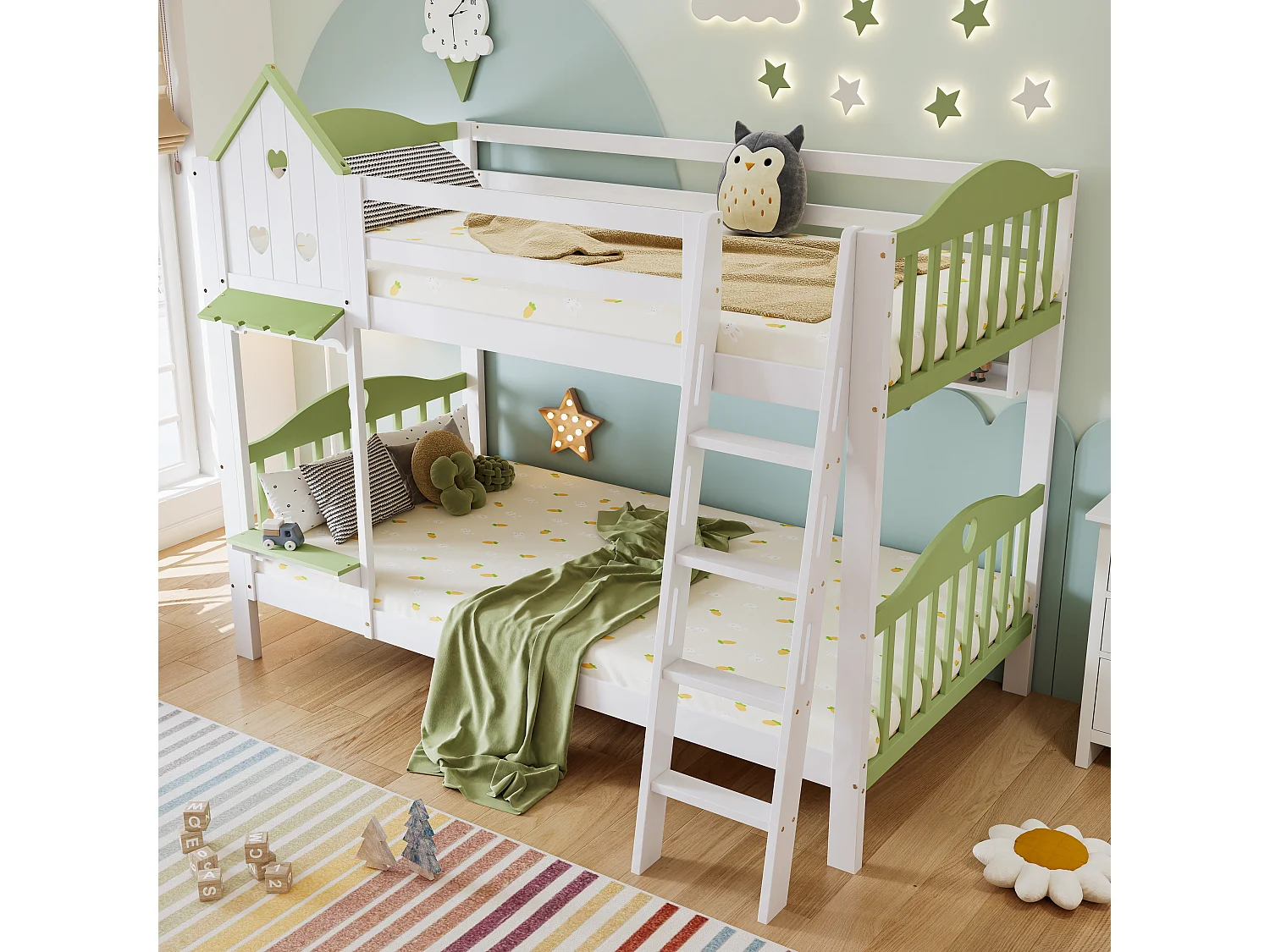Lit superposé 90x200cm en bois massif - design unique - Blanc + Vert