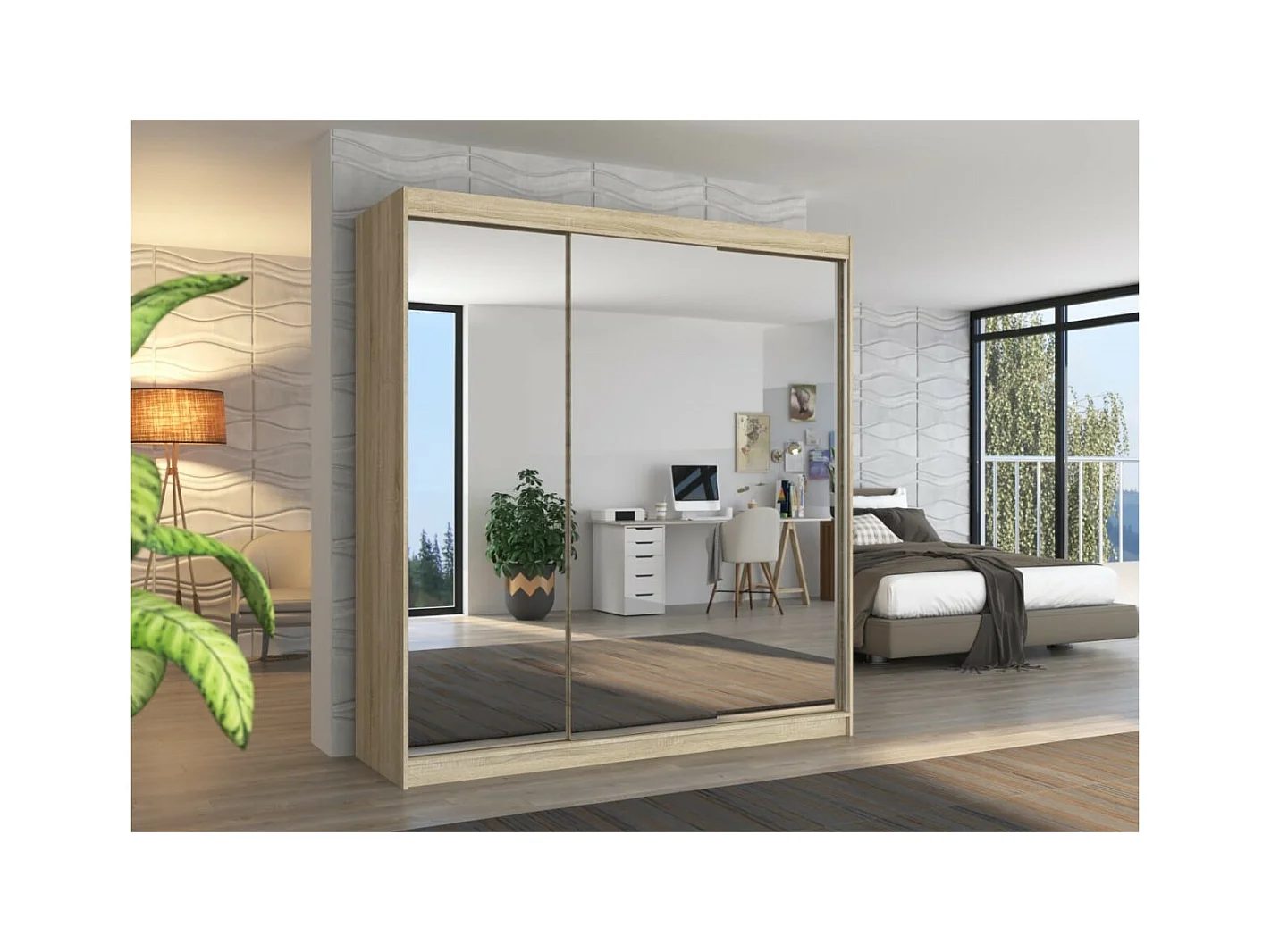 Armoire Augustin (200cm)/Portes coulissantes et miroir/Sonoma