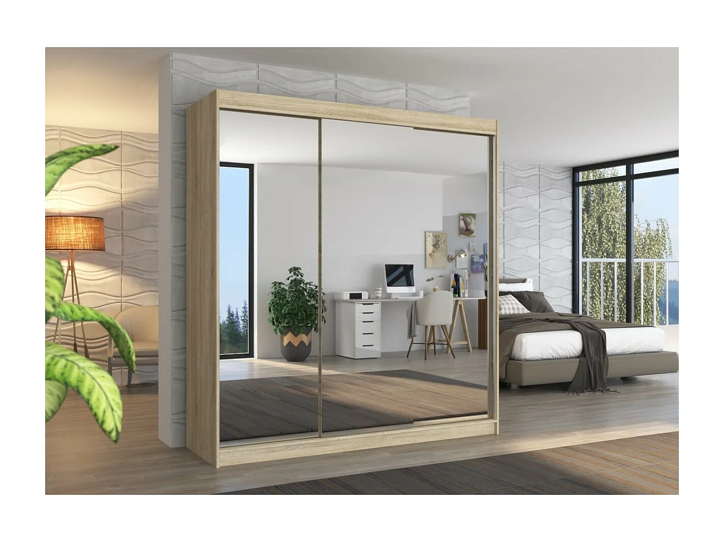 Armoire Augustin (200cm)/Portes coulissantes et miroir/Sonoma