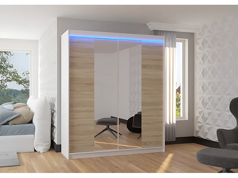 Armoire Blanca (180 cm)/Portes coulissantes/Miroir et LED/Blanc Sonoma