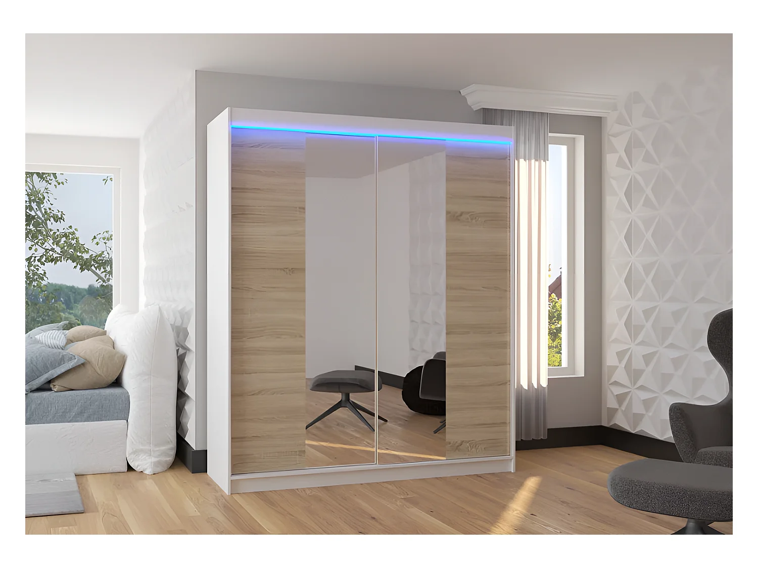 Armoire Blanca (180 cm)/Portes coulissantes/Miroir et LED/Blanc Sonoma