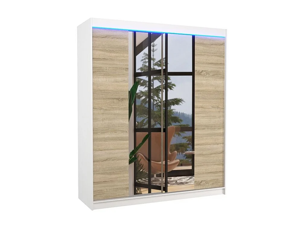 Kleiderschrank Blanca (180cm)/Schiebetüren/Spiegel&LED/Weiss Sonoma