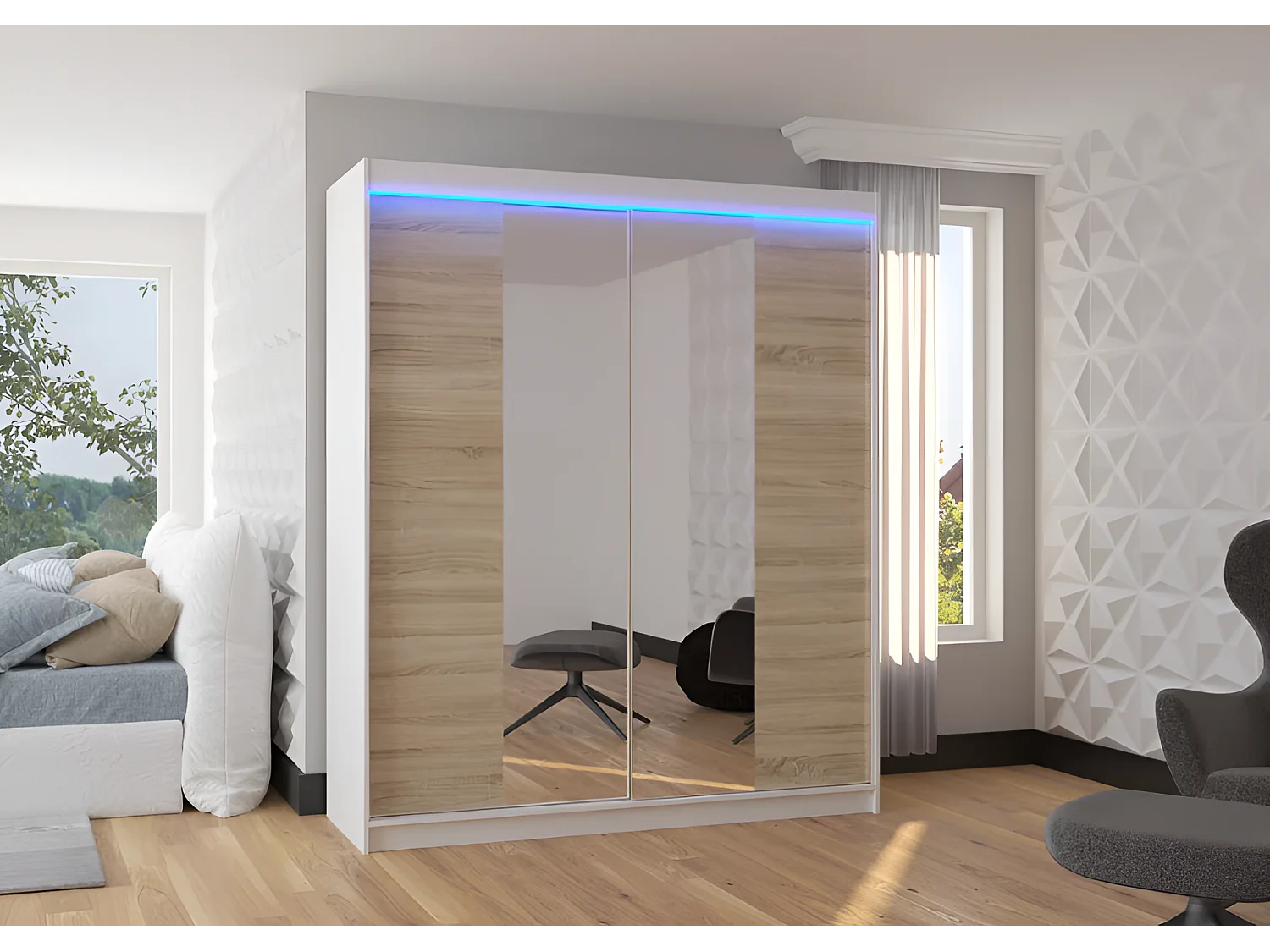 Armadio Blanca (180cm)/Ante scorrevoli/Specchio e LED/Bianco Sonoma