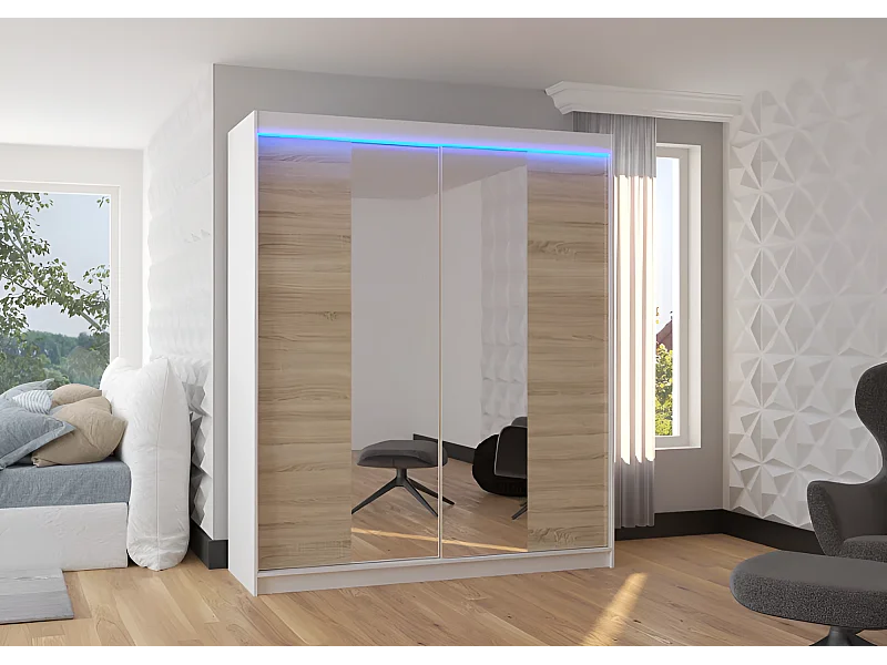 Armoire Blanca (180 cm)/Portes coulissantes/Miroir et LED/Blanc Sonoma