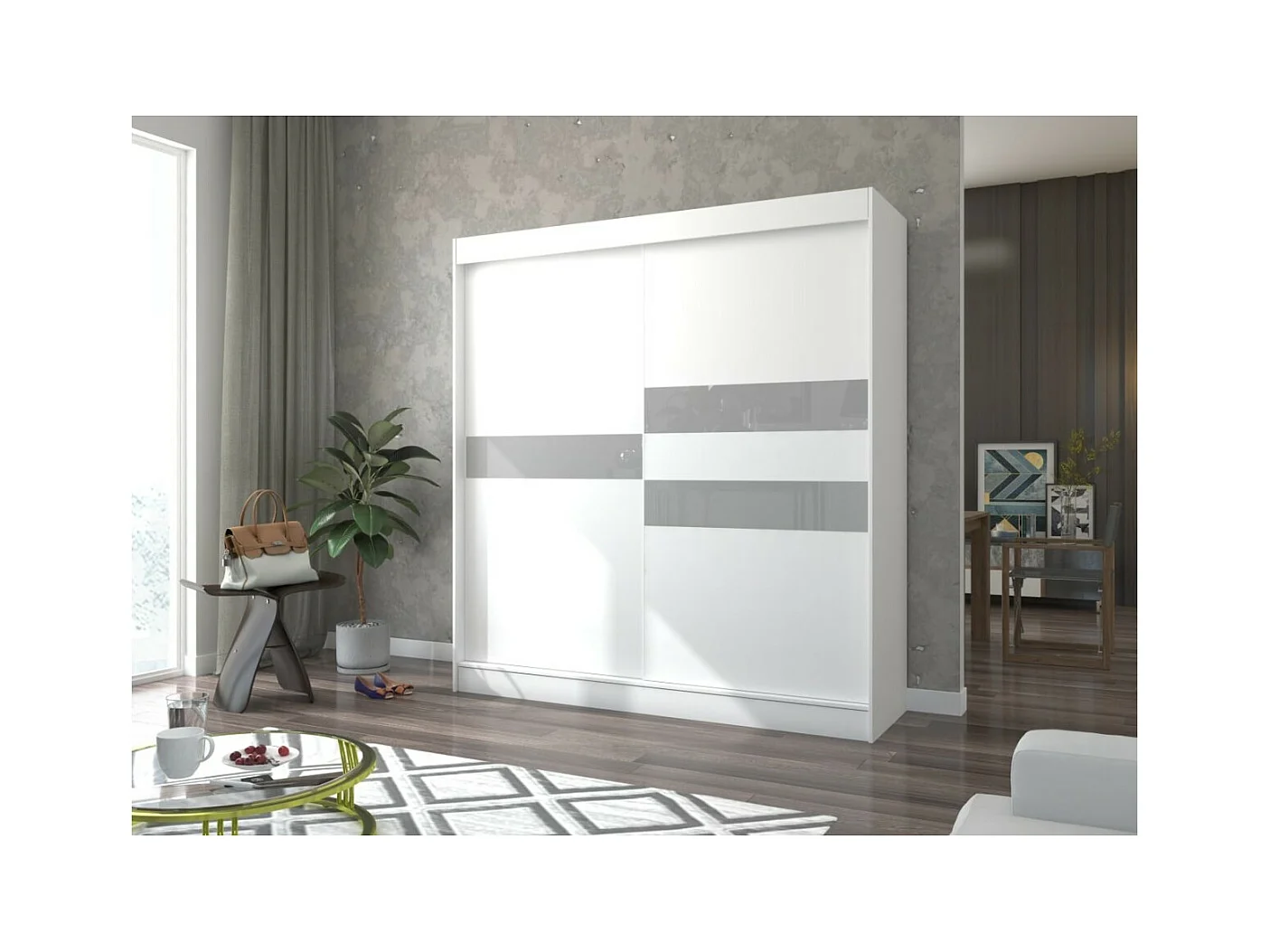 Kleiderschrank Tatia (200cm)/Schiebetüren/Weiss&Grau