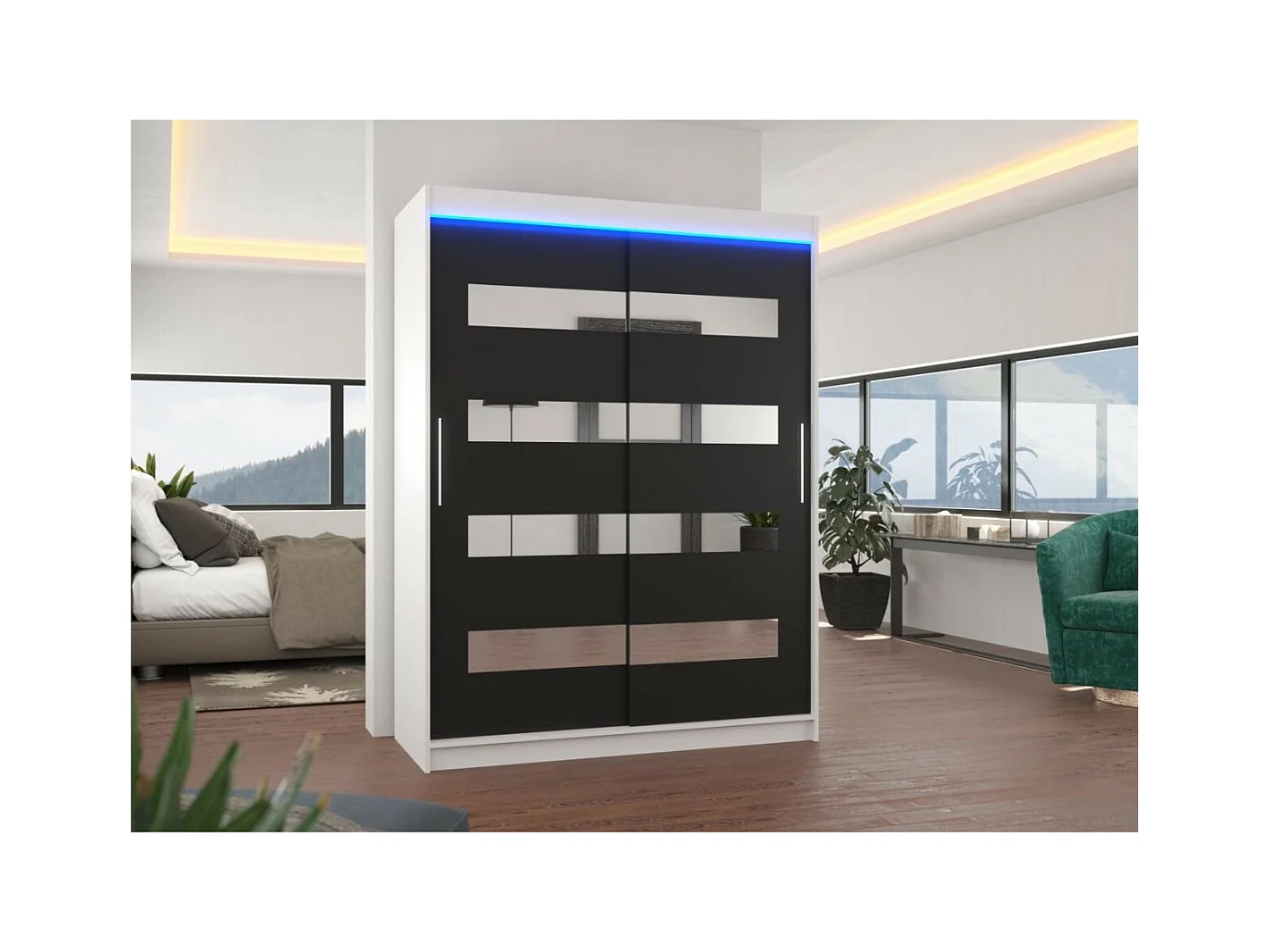 Armoire Baltex (150 cm)/Portes coulissantes/Miroir et LED/Blanc Noir