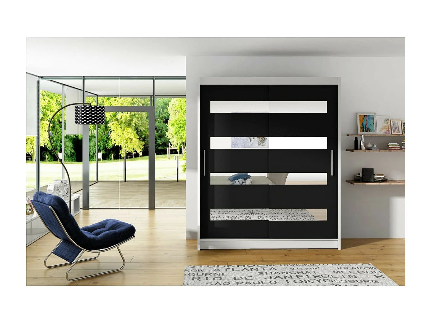 Kleiderschrank Baltex (150cm)/Schiebetüren/Spiegel&LED/Weiss Schwarz