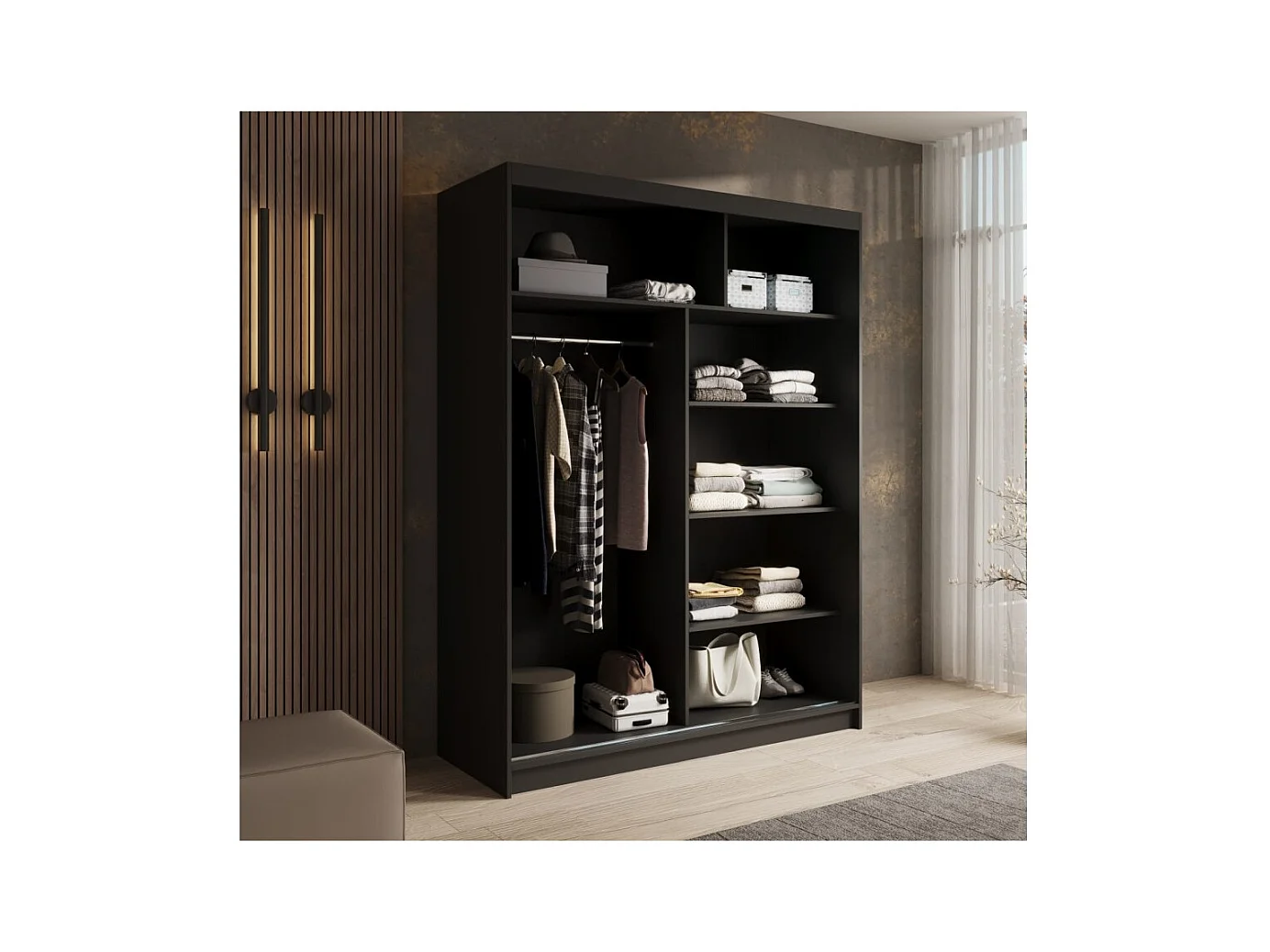 Armadio Alan (150cm)/Ante scorrevoli/Specchio e LED/Nero