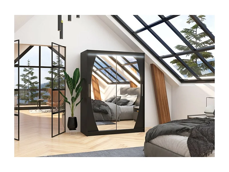 Kleiderschrank Alan (150cm)/Schiebetüren/Spiegel&LED/Schwarz