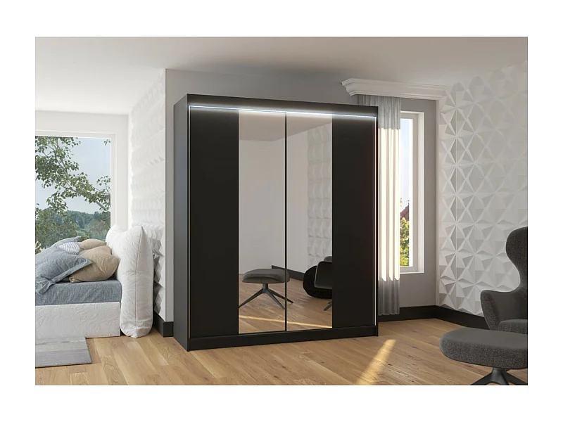 Armoire Blanca (180 cm)/Portes coulissantes/Miroir et LED/Noir
