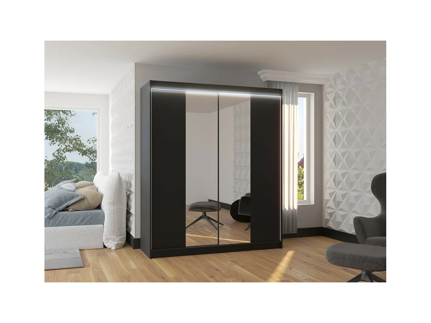 Armoire Blanca (180 cm)/Portes coulissantes/Miroir et LED/Noir