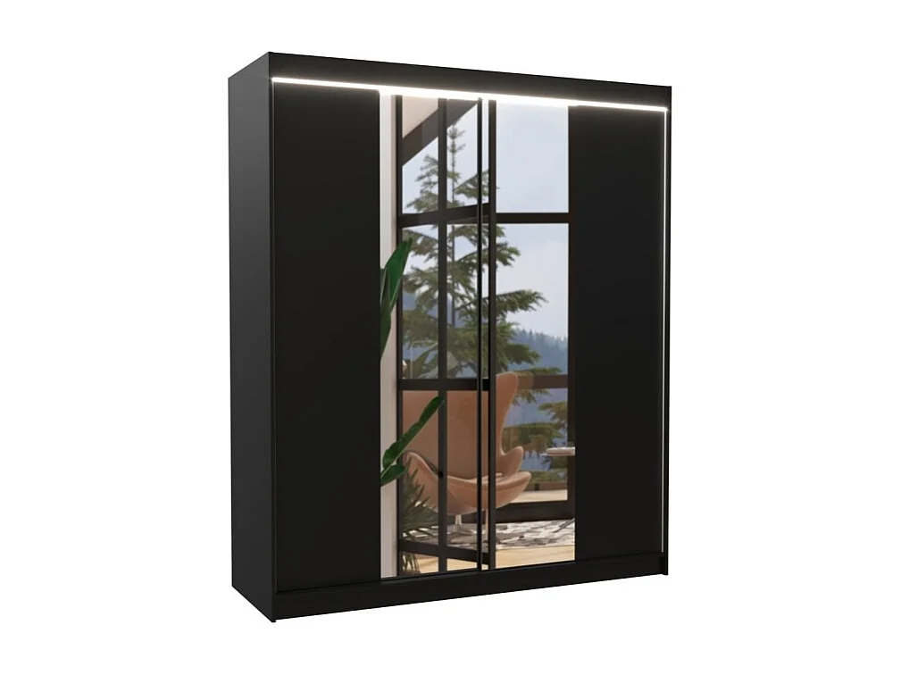 Kleiderschrank Blanca (180cm)/Schiebetüren/Spiegel&LED/Schwarz