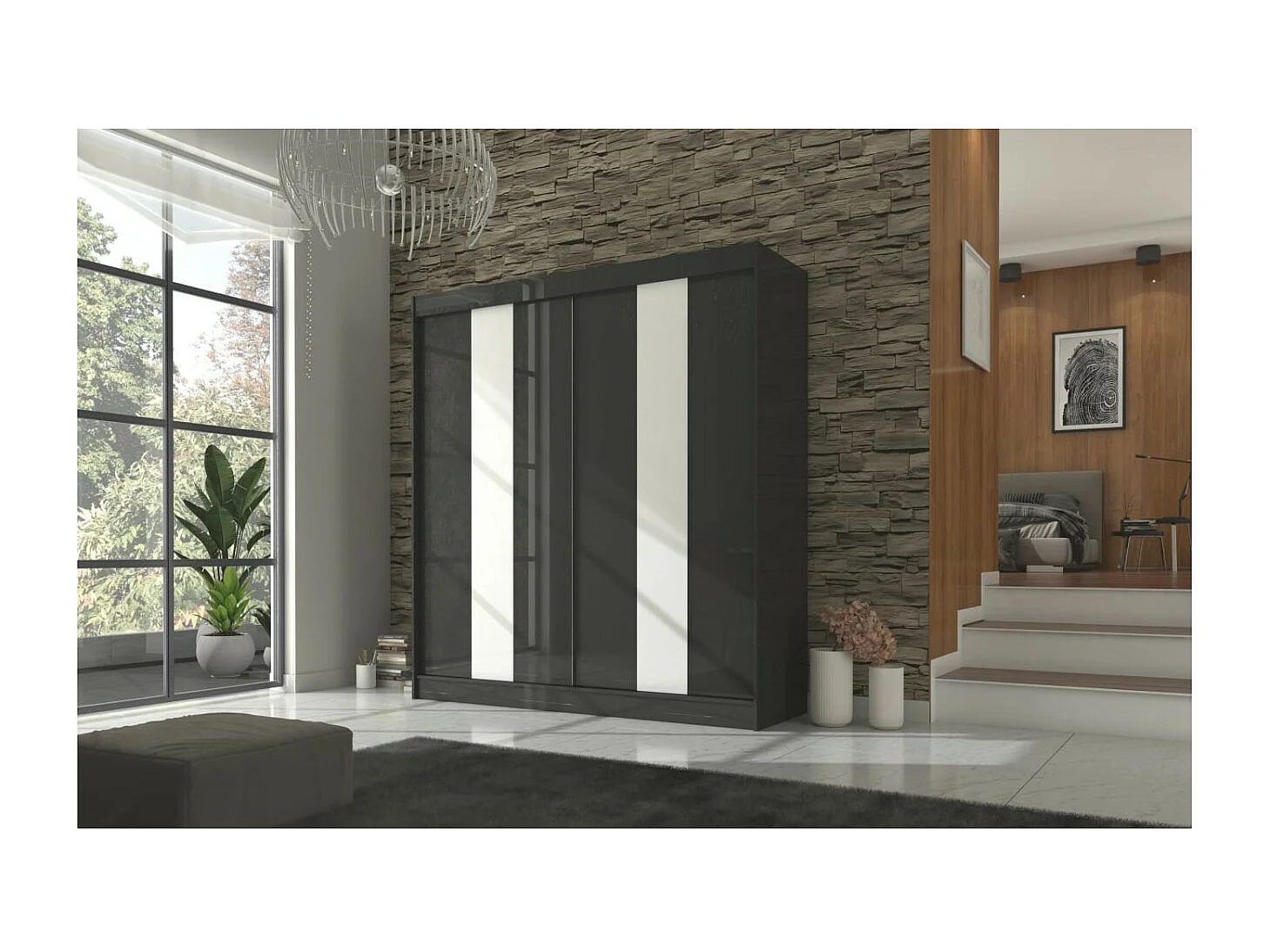 Armoire Karin (200cm)/Portes coulissantes/Noir&Blanc
