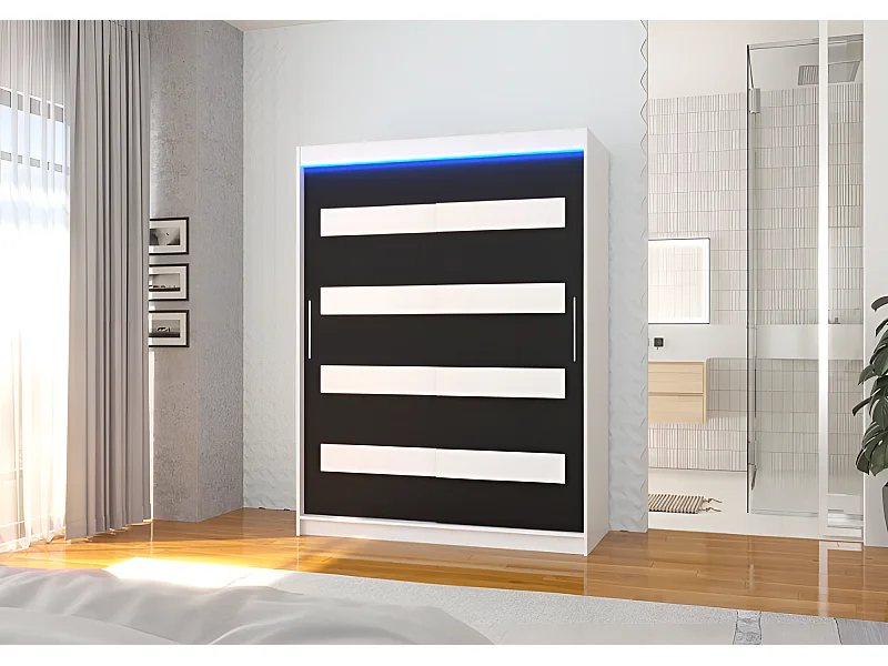 Armoire Martino (150 cm)/Portes coulissantes et LED/Blanc Noir