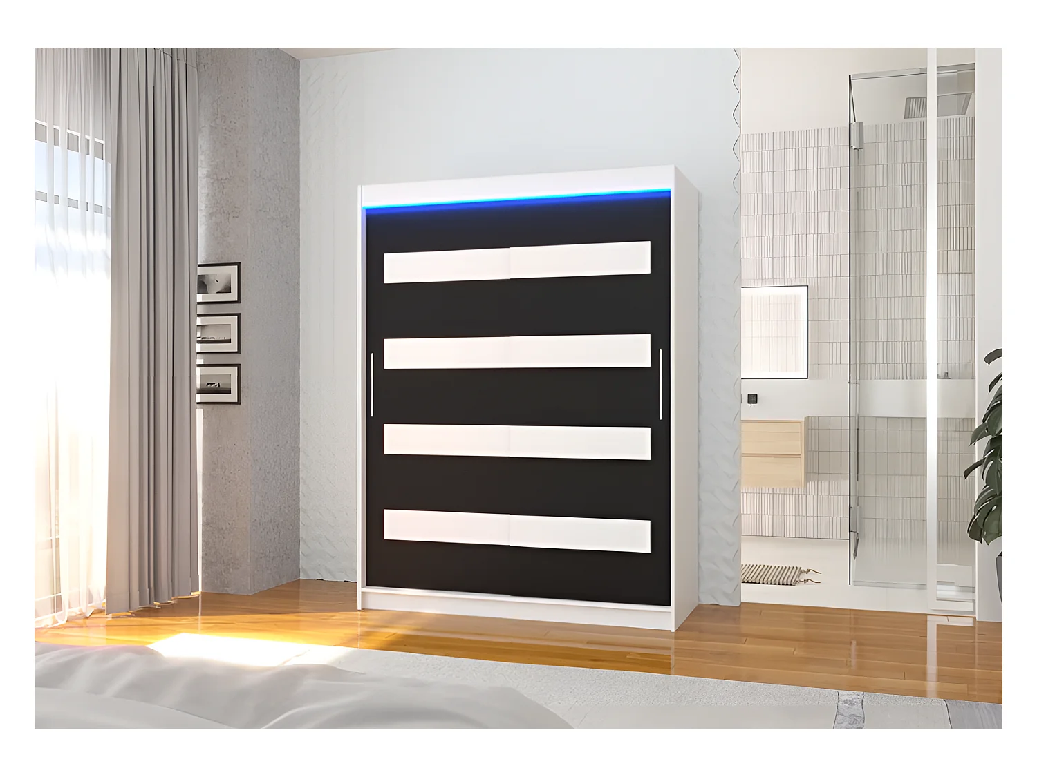 Armoire Martino (150 cm)/Portes coulissantes et LED/Blanc Noir