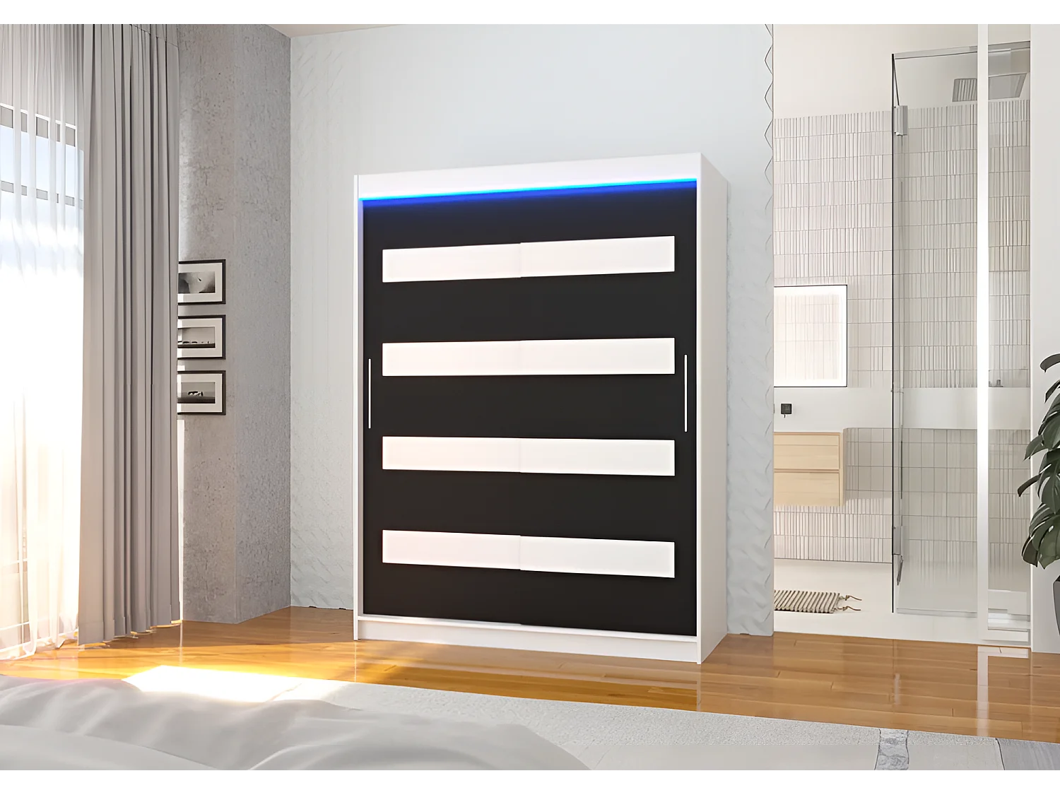Armoire Martino (150 cm)/Portes coulissantes et LED/Blanc Noir
