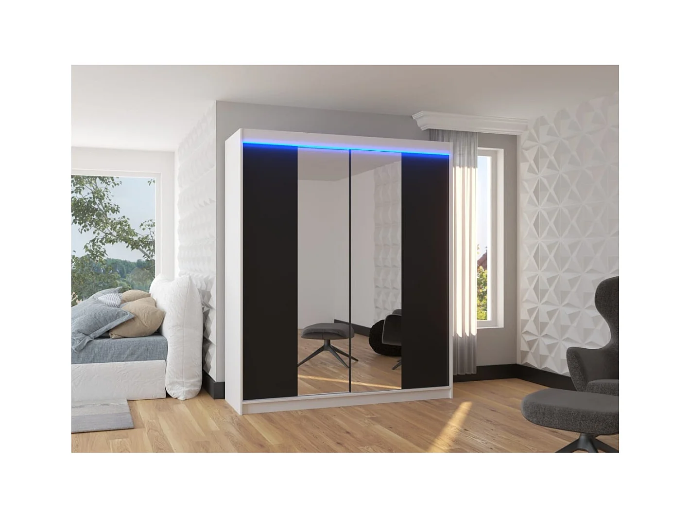 Armoire Blanca (180 cm)/Portes coulissantes/Miroir et LED/Blanc Noir