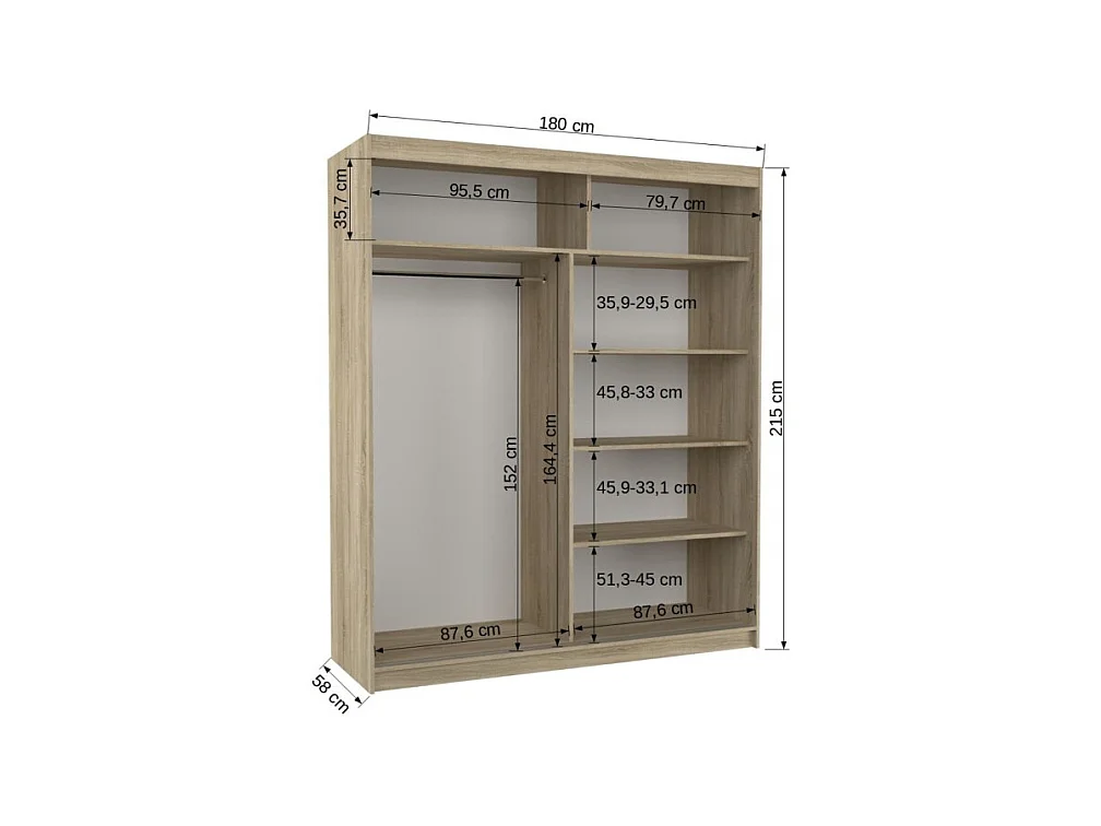 Armoire Blanca (180 cm)/Portes coulissantes/Miroir et LED/Blanc Noir