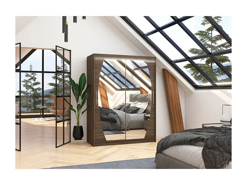 Armoire Alan (150 cm)/Portes coulissantes/Miroir et LED/Marron