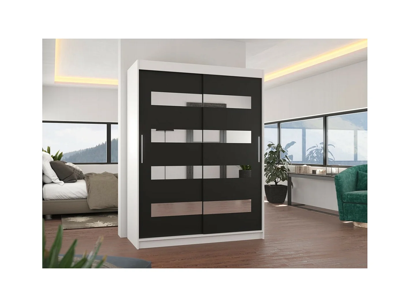 Armoire Baltex (150 cm)/Portes coulissantes/Miroir/Blanc Noir