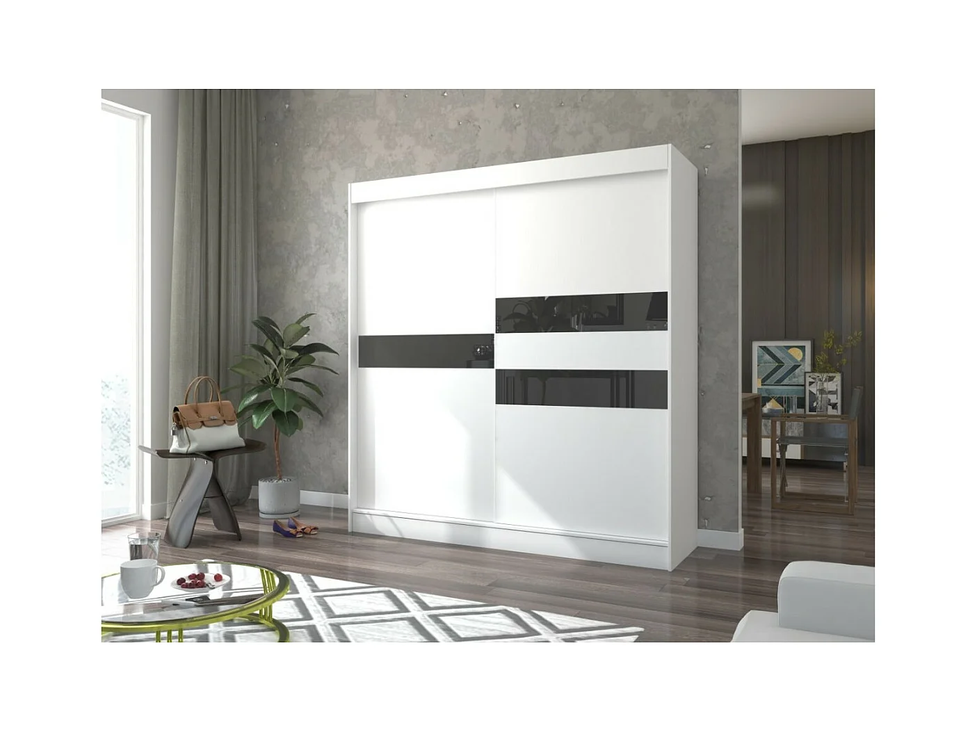 Armadio Tatia (200cm)/Ante scorrevoli/Bianco Nero