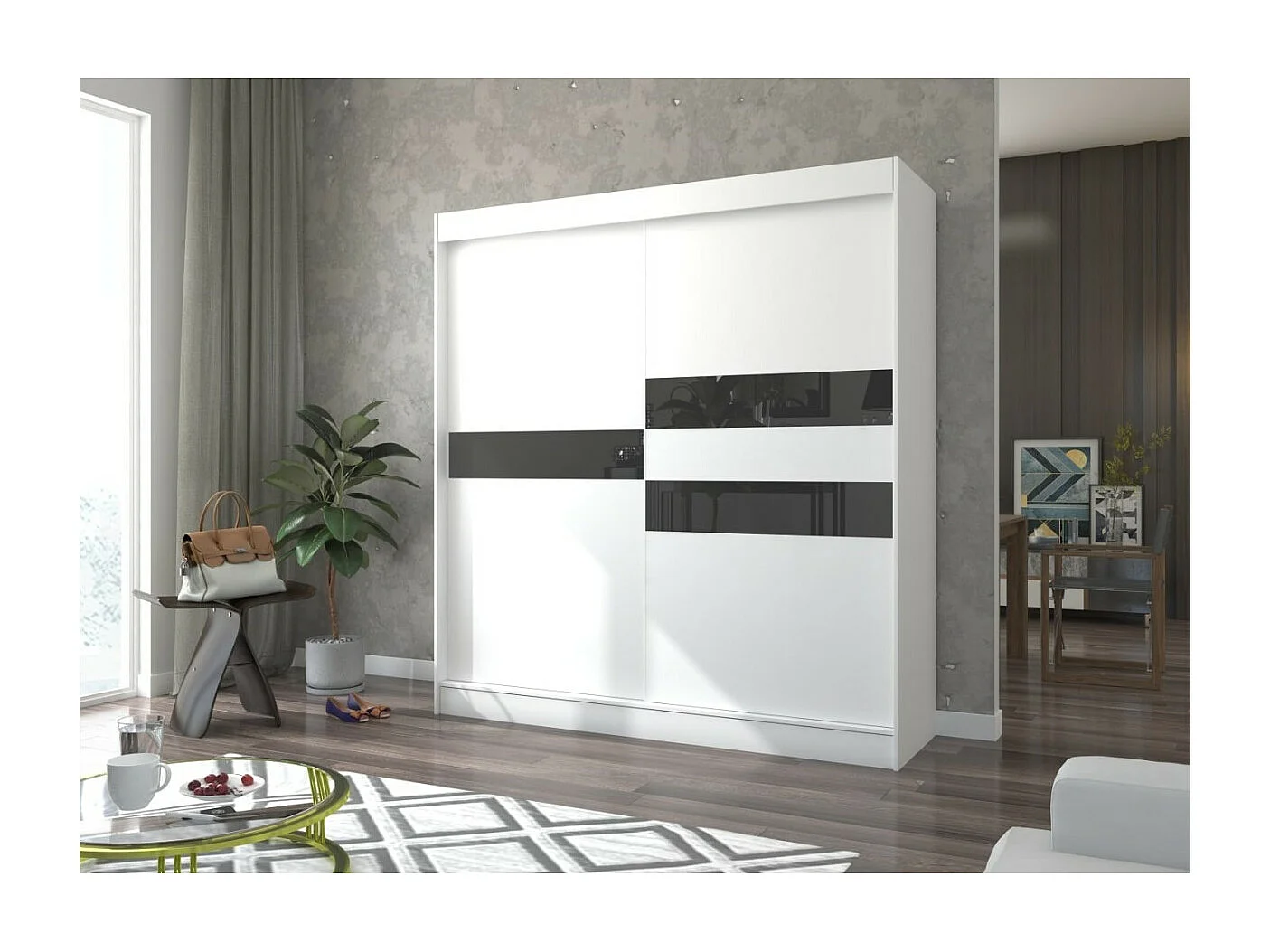 Armoire Tatia (200cm)/Portes coulissantes/Blanc Noir
