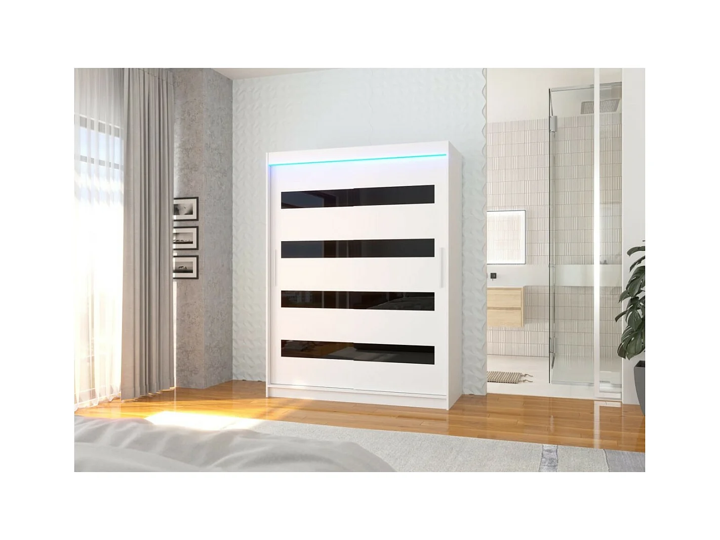 Kleiderschrank Martino (150cm)/Schiebetüren&LED/Weiss Schwarz
