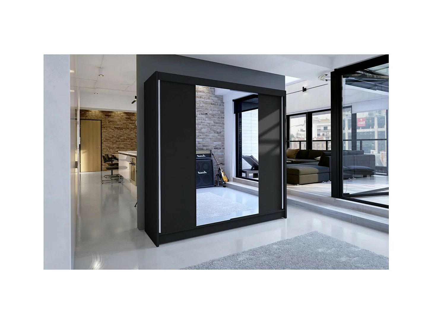 Armoire Blanca (180 cm)/Portes coulissantes Miroir/Noir