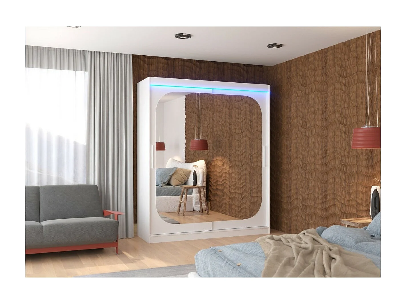 Kleiderschrank Aria (180cm)/Schiebetüren/Spiegel&LED/Weiss