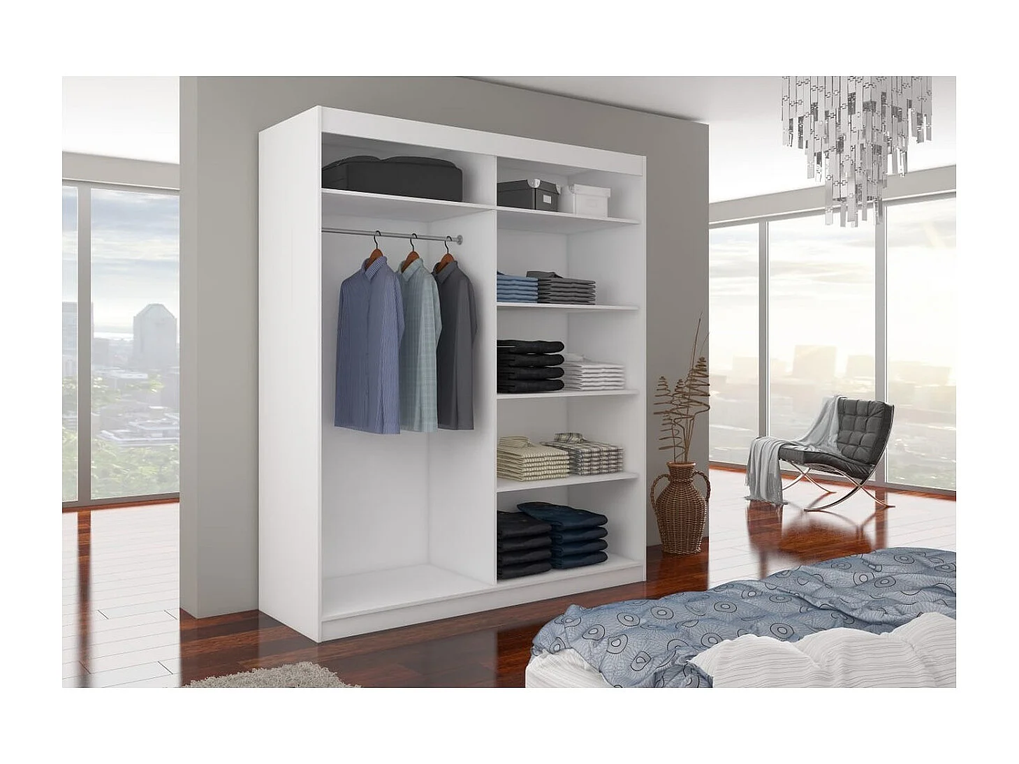 Kleiderschrank Aria (180cm)/Schiebetüren/Spiegel&LED/Weiss