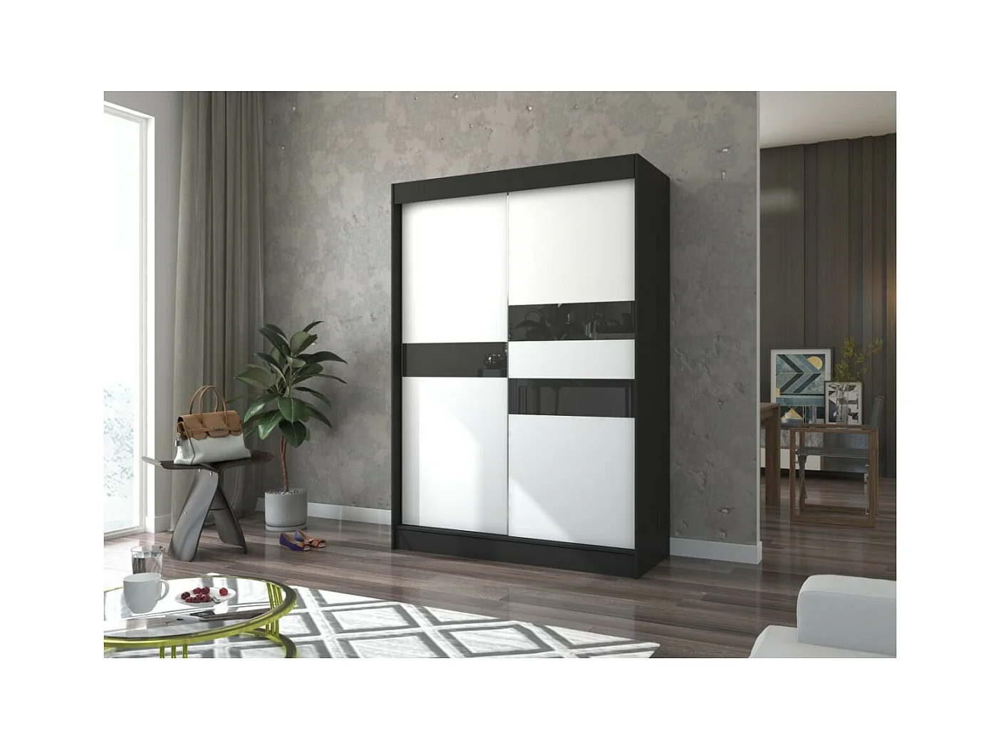 Armoire Tatia (150cm)/Portes coulissantes/Blanc&Noir
