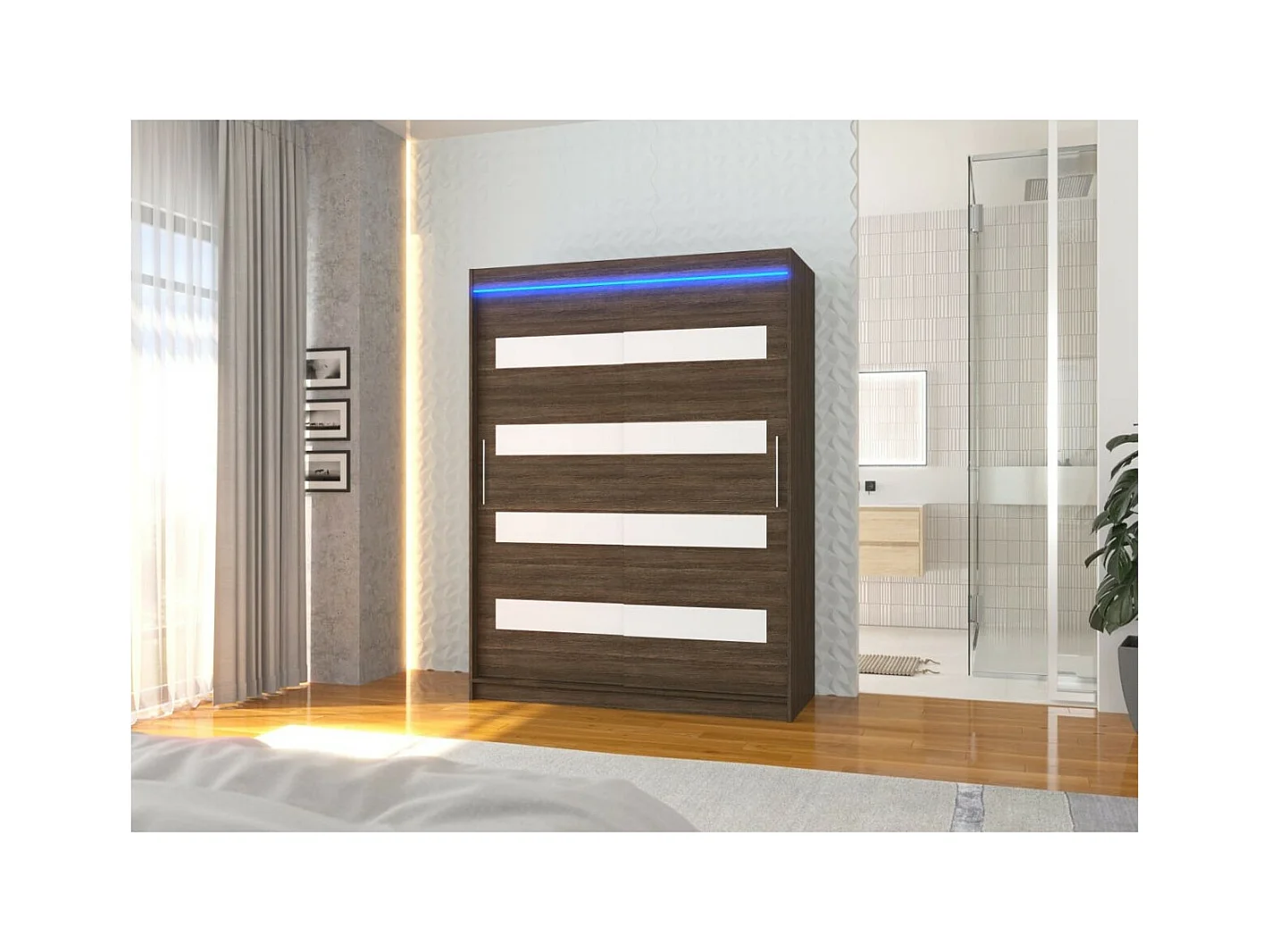 Armoire Martino (150 cm)/Portes coulissantes et LED/ Marron Blanc