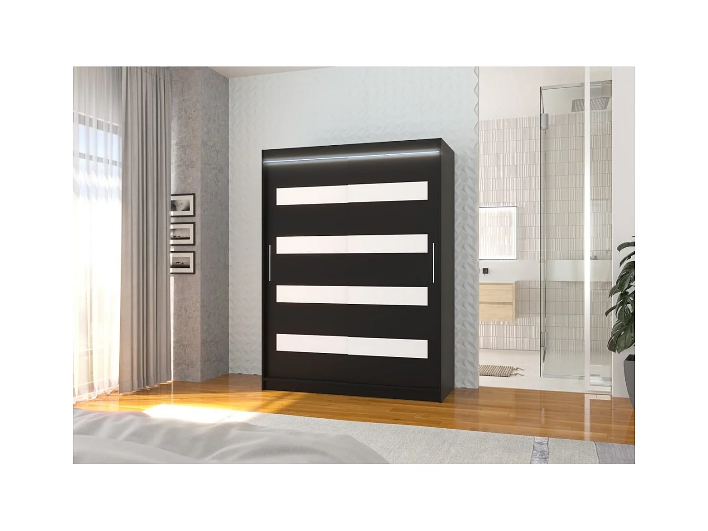 Armoire Martino (150 cm)/Portes coulissantes et LED/Noir Blanc