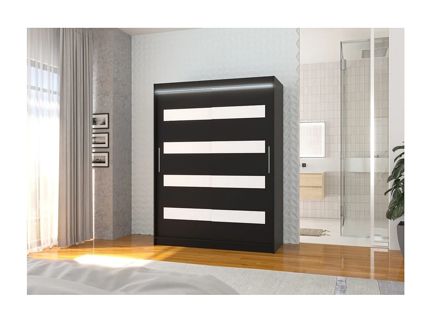 Armadio Martino (150cm)/Ante scorrevoli&LED/Nero Bianco