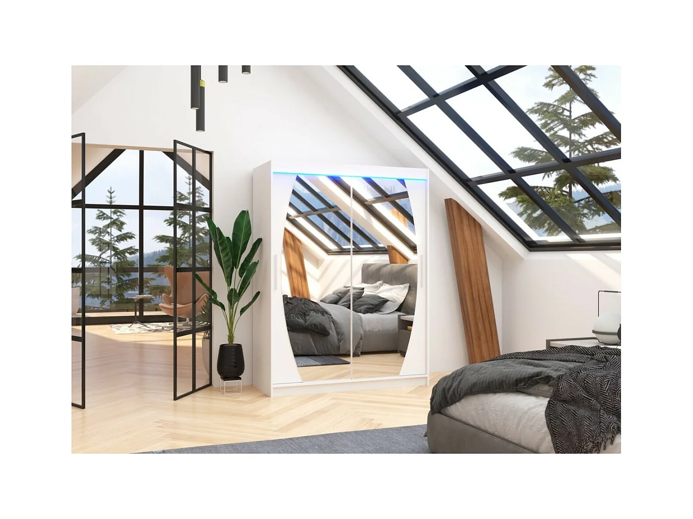 Armoire Alan (150 cm)/Portes coulissantes/Miroir et LED/Blanc